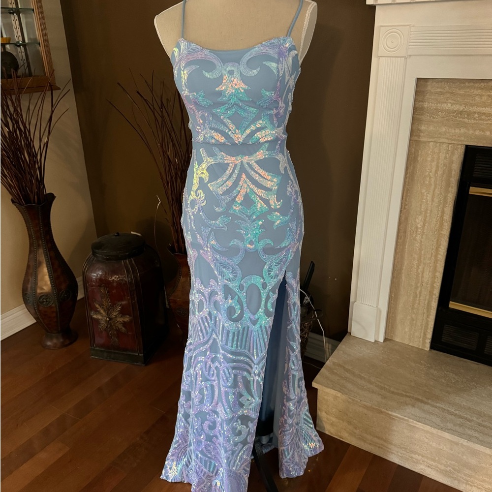 Light Blue Iridescent Sequined Prom Gown